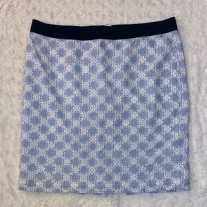 Ann Taylor Blue and White Stripe Embroidered Floral Pencil Skirt